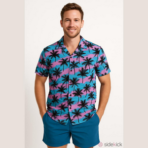 Massive Tropical Palm Tree Print Shirt Blue Black Pink Cotton Men’s Size Medium